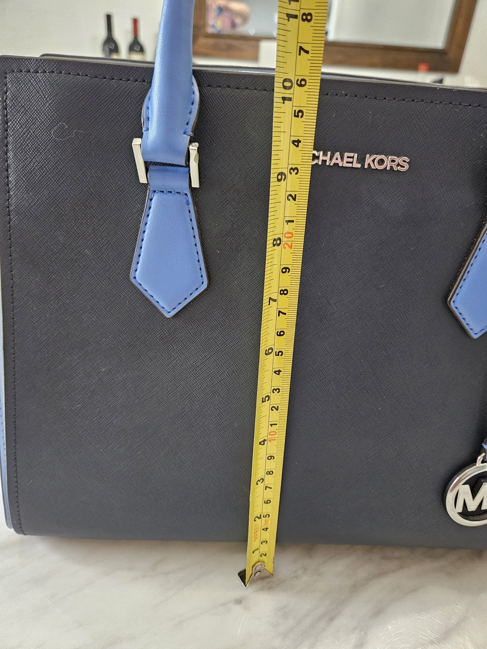 Michael Kors Navy Satchel with Light Blue Trim and Gold MK Charm - Picture 5 of 7